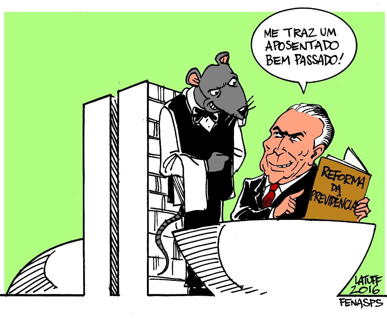 Charge do Latuff ironiza a Reforma da Previdência que o presidente interino Michel Temer quer promulgar (clique para ampliar)